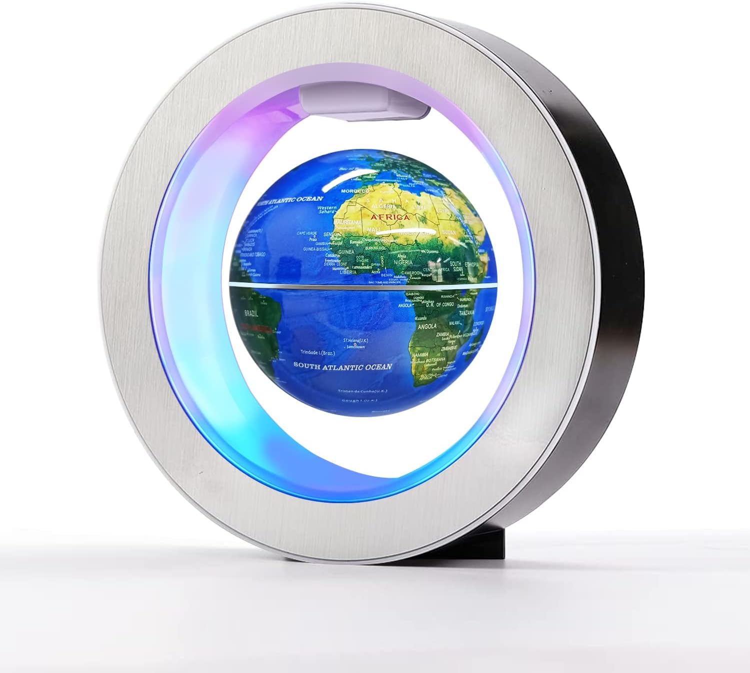 Flagest floating globe with circular LED frame for easy setup and display.