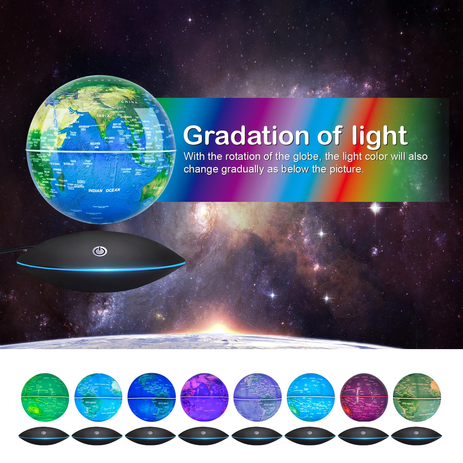 Flagest floating globe touch-control feature enables quick light mode changes.