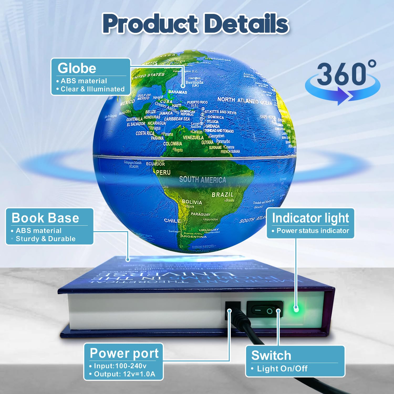 Flagest globe with LED color-changing illumination enhances desk ambience.