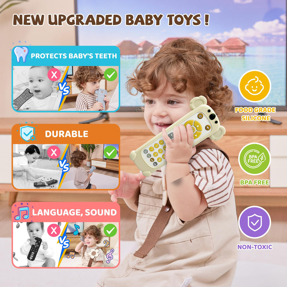 FLAMDYNO silicone teether cover offers tactile interest during baby play.