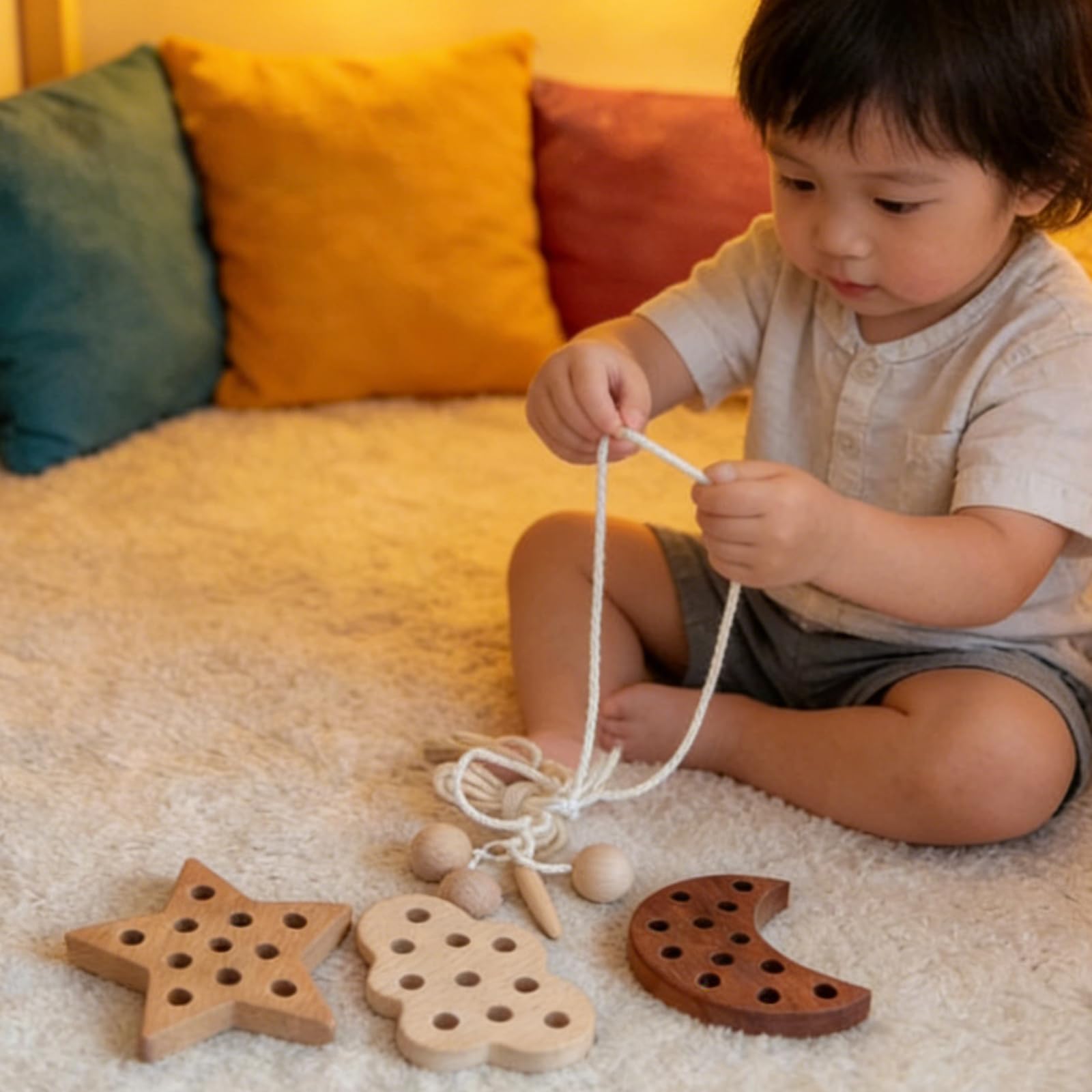 FlameFlash natural beech wood threading toy with rounded edges.