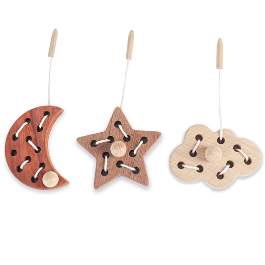 FlameFlash Moon wooden lacing toy supports fine motor skill development.