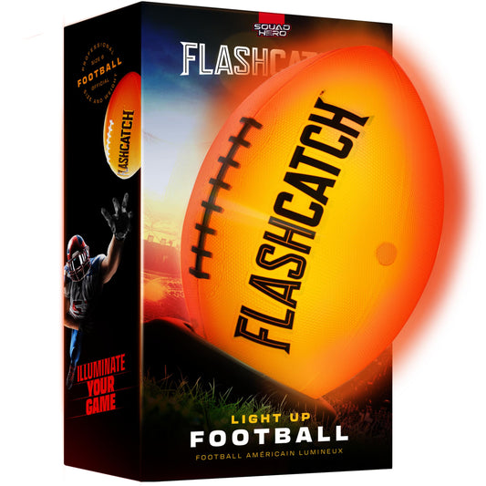 FlashCatch light-up football in action with bright LEDs for night play.
