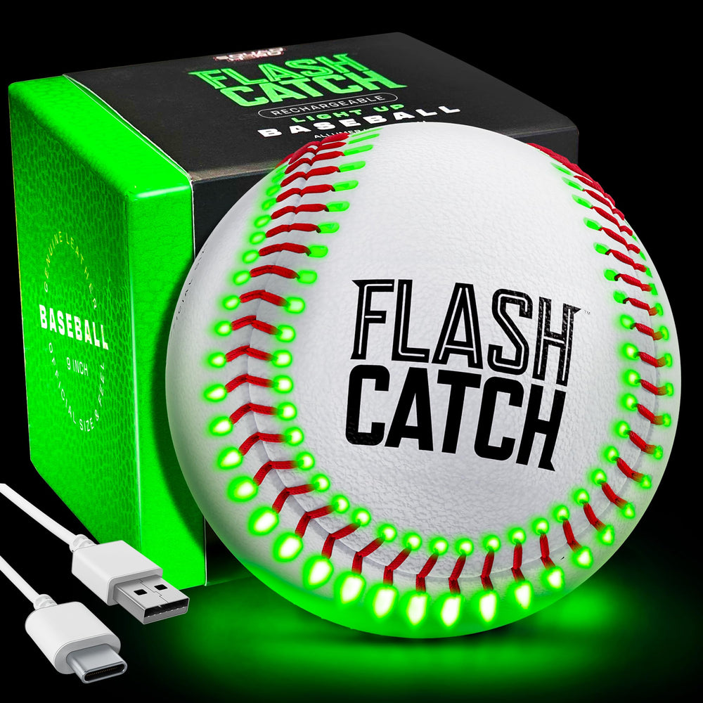 FlashCatch light-up baseball with glowing seams for night play