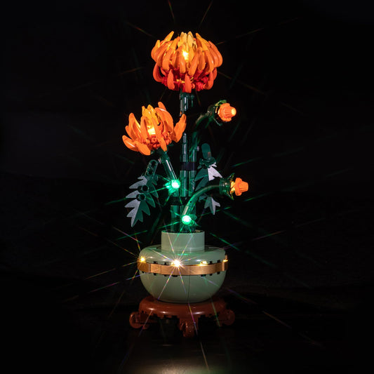 Flashebrick Chrysanthemum light kit highlights petals with radiant glow for Lego display.
