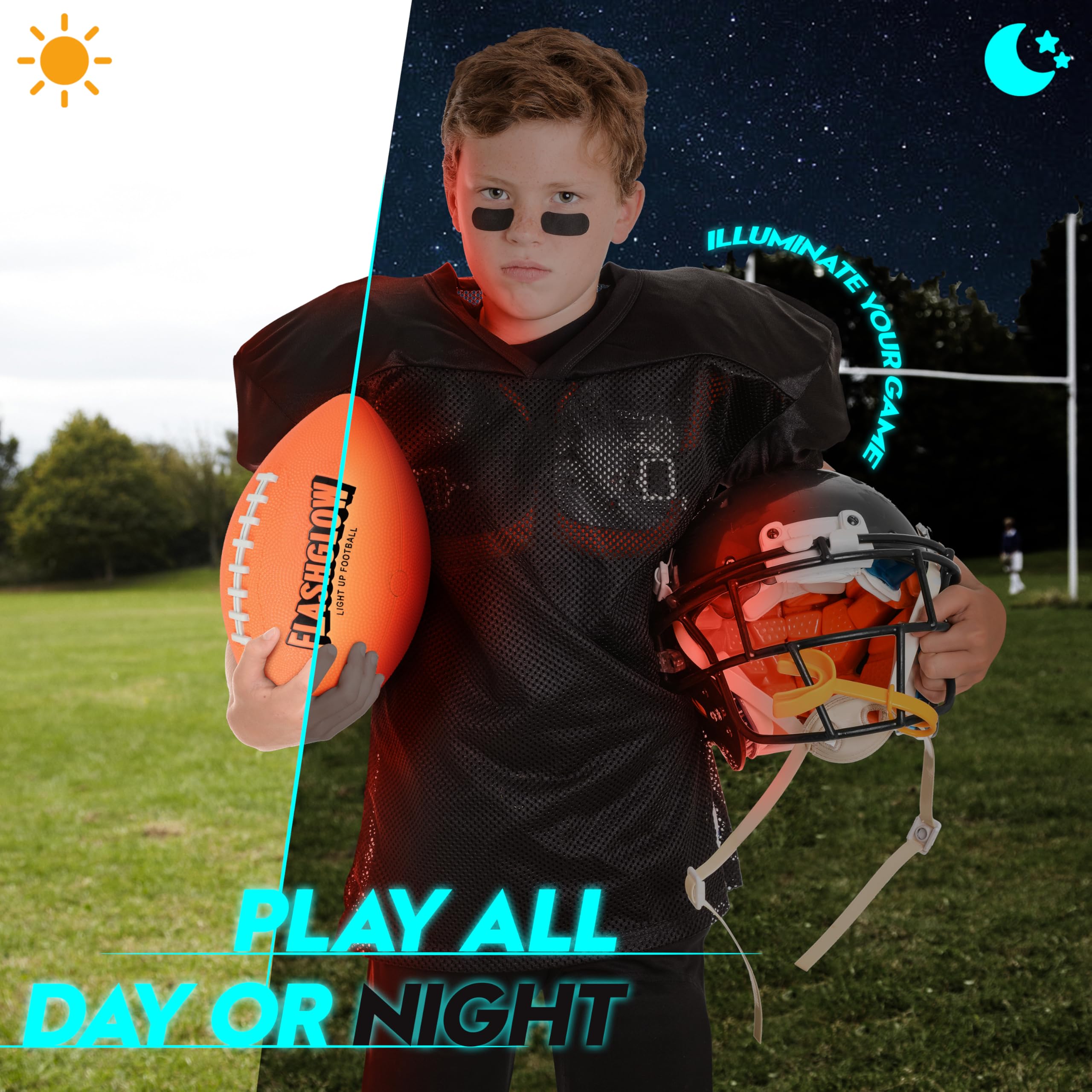 Flashglow glow-in-the-dark football illuminated for visibility during outdoor training.