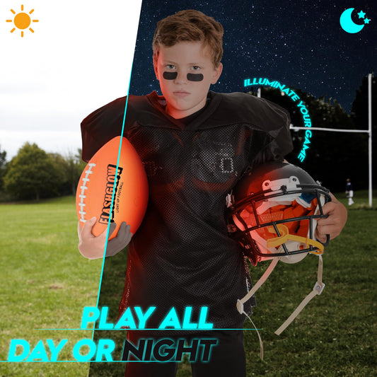 Flashglow glow-in-the-dark football illuminated for visibility during outdoor training.