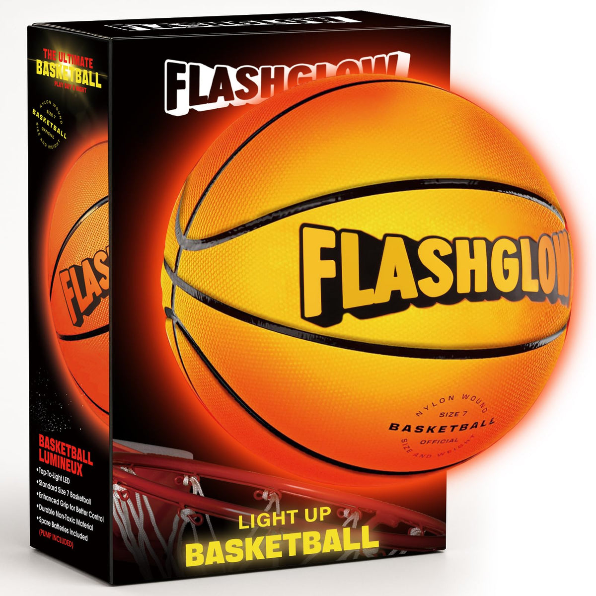 FlashGlow light-up LED basketball glows in the dark for better nighttime visibility.