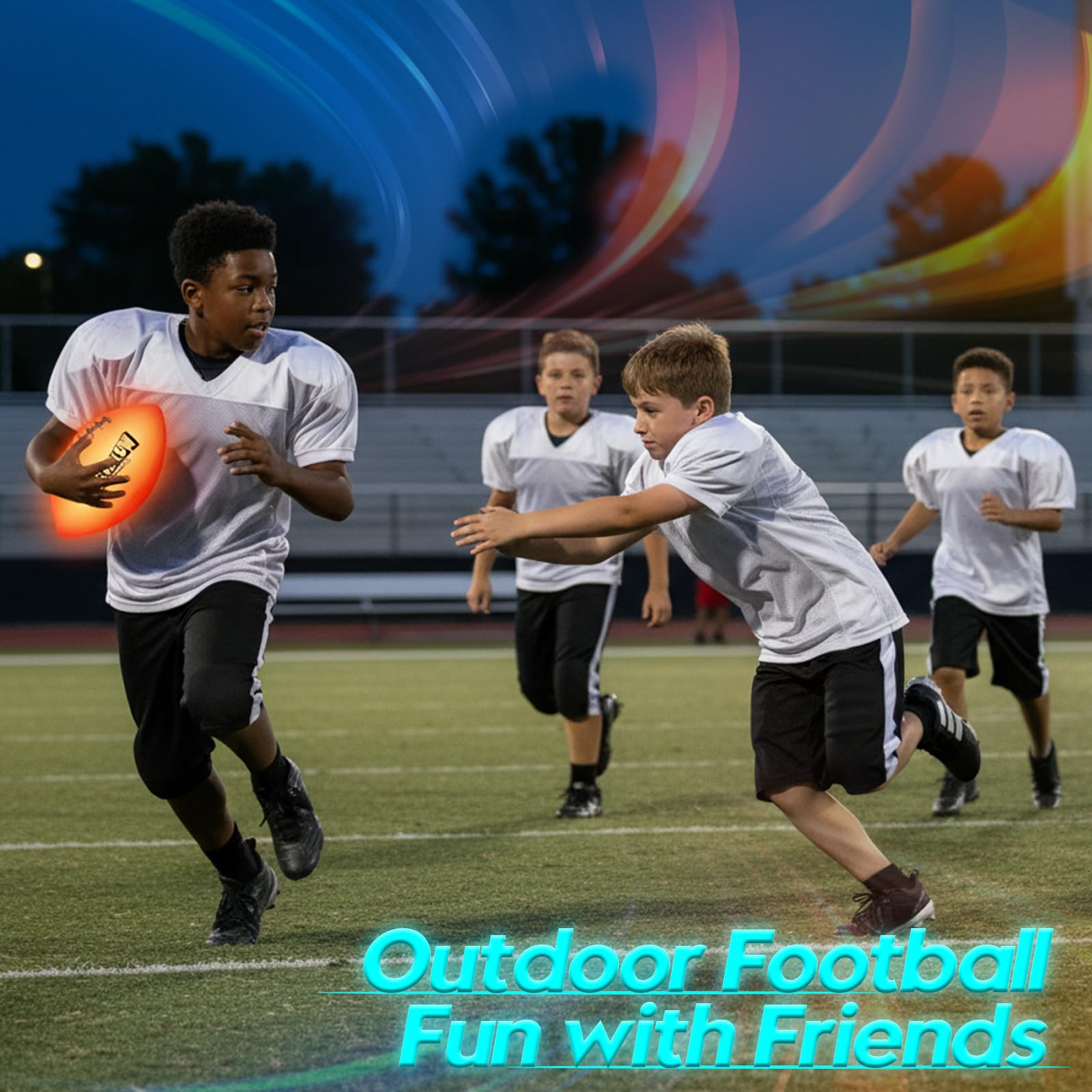 Flashglow night-play-football in a backyard scene for low-light training.