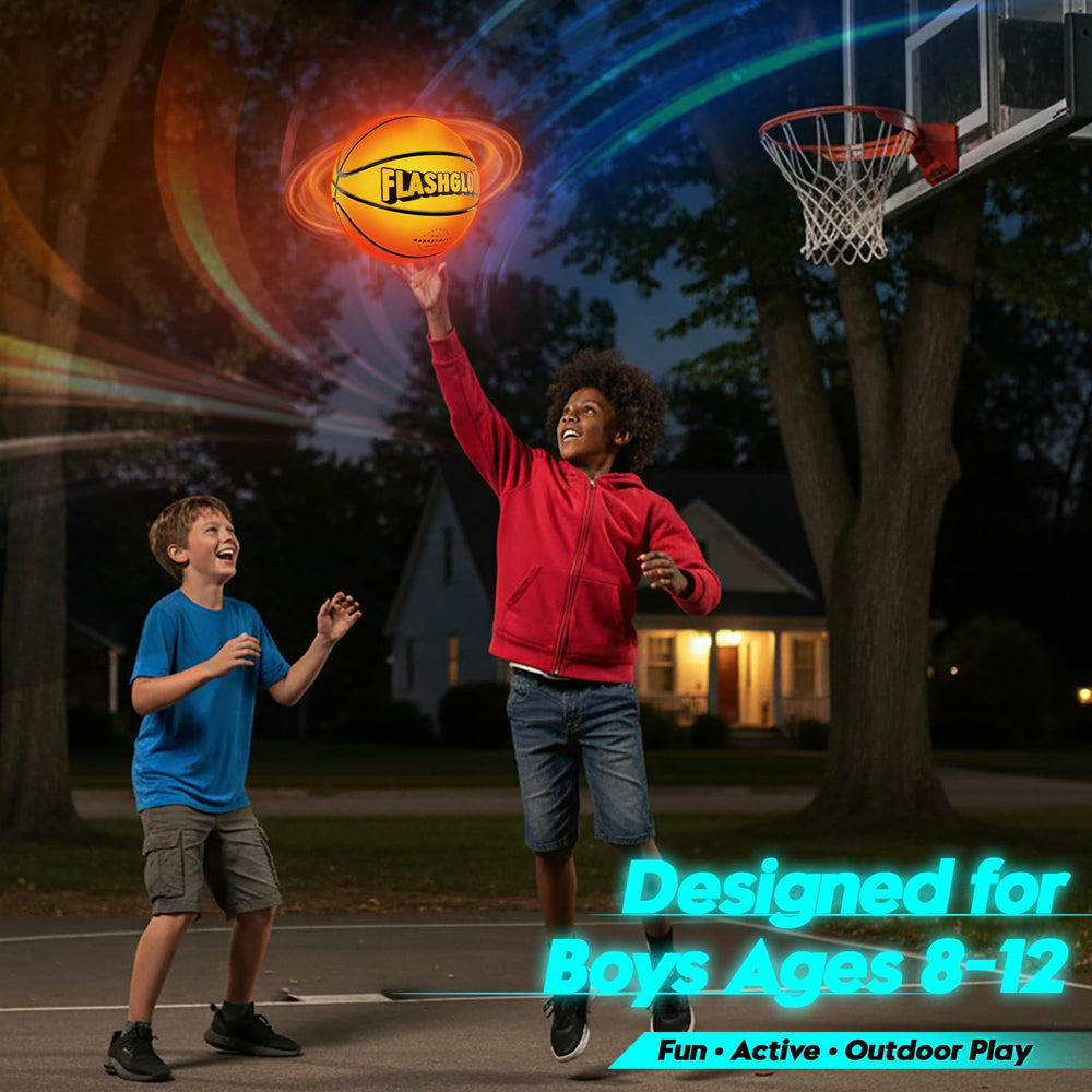 Glow-in-the-dark basketball enhances night-time court visibility during outdoor games.