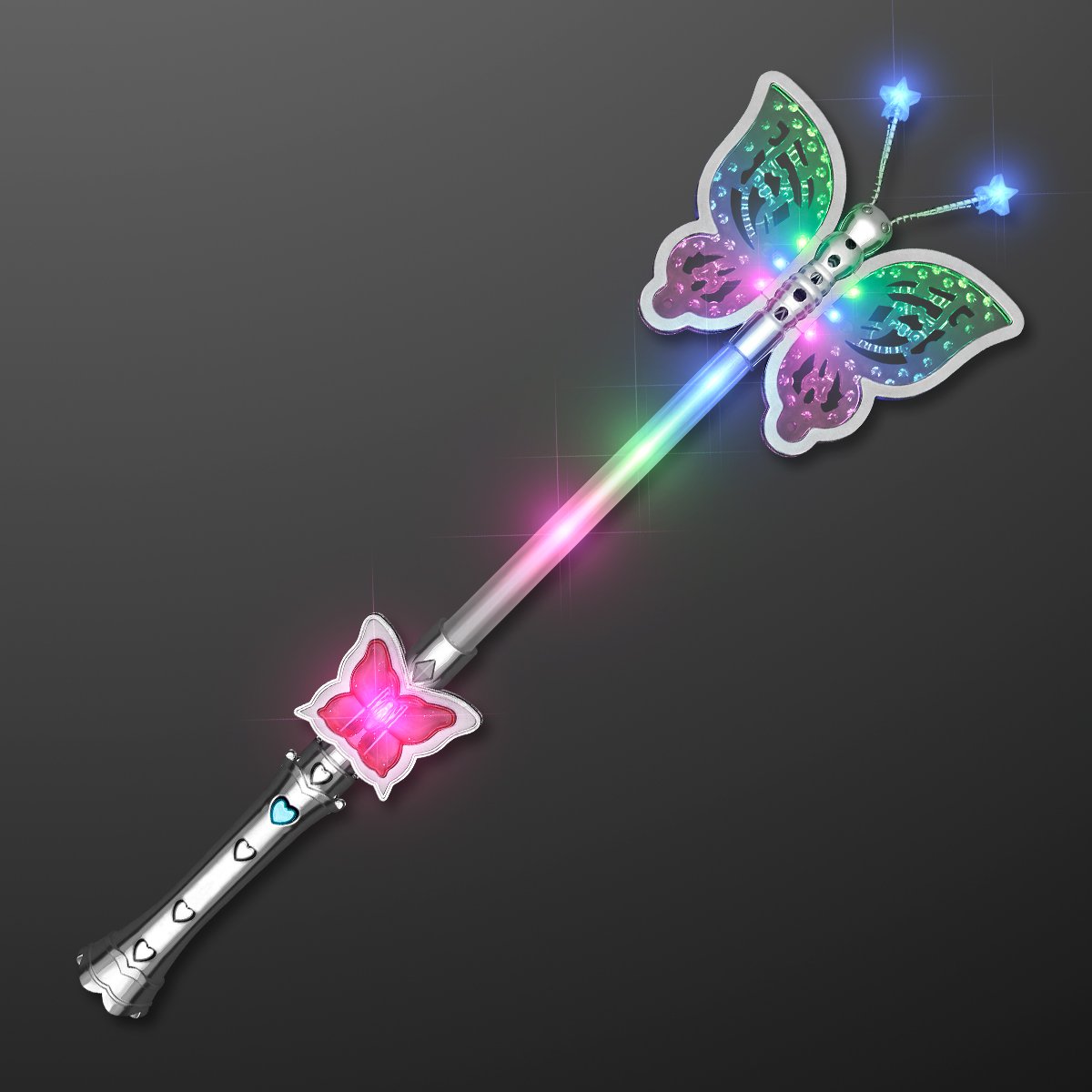 FlashingBlinkyLights butterfly wand in action with vibrant color change for cosplay.