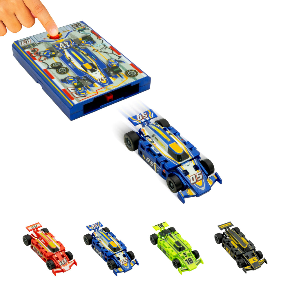 FLAT 2 FAST cobalt blue Card Racer, front view, ready for instant play.