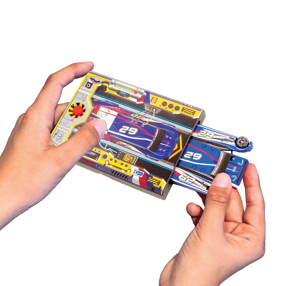Colorful FLAT 2 FAST stunt cars in cobalt blue and other options.