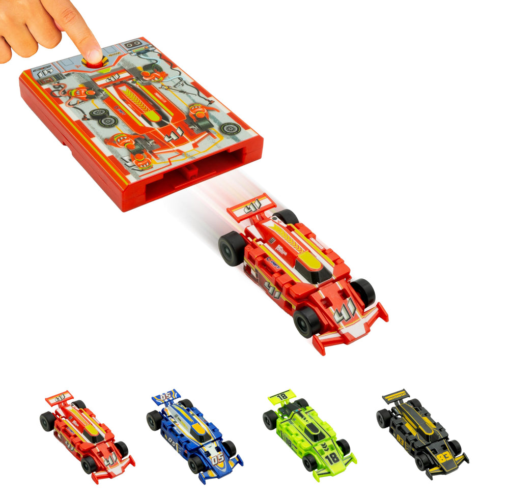 FLAT 2 FAST Original Speed Card Racer front view, compact, battery-free action ready to launch.