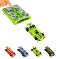 FLAT 2 FAST Neon Green speed card racer, front view for quick home races.