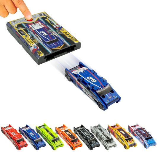 FLAT 2 FAST original stunt card racer with launcher button on cobalt blue finish for fast stunts.