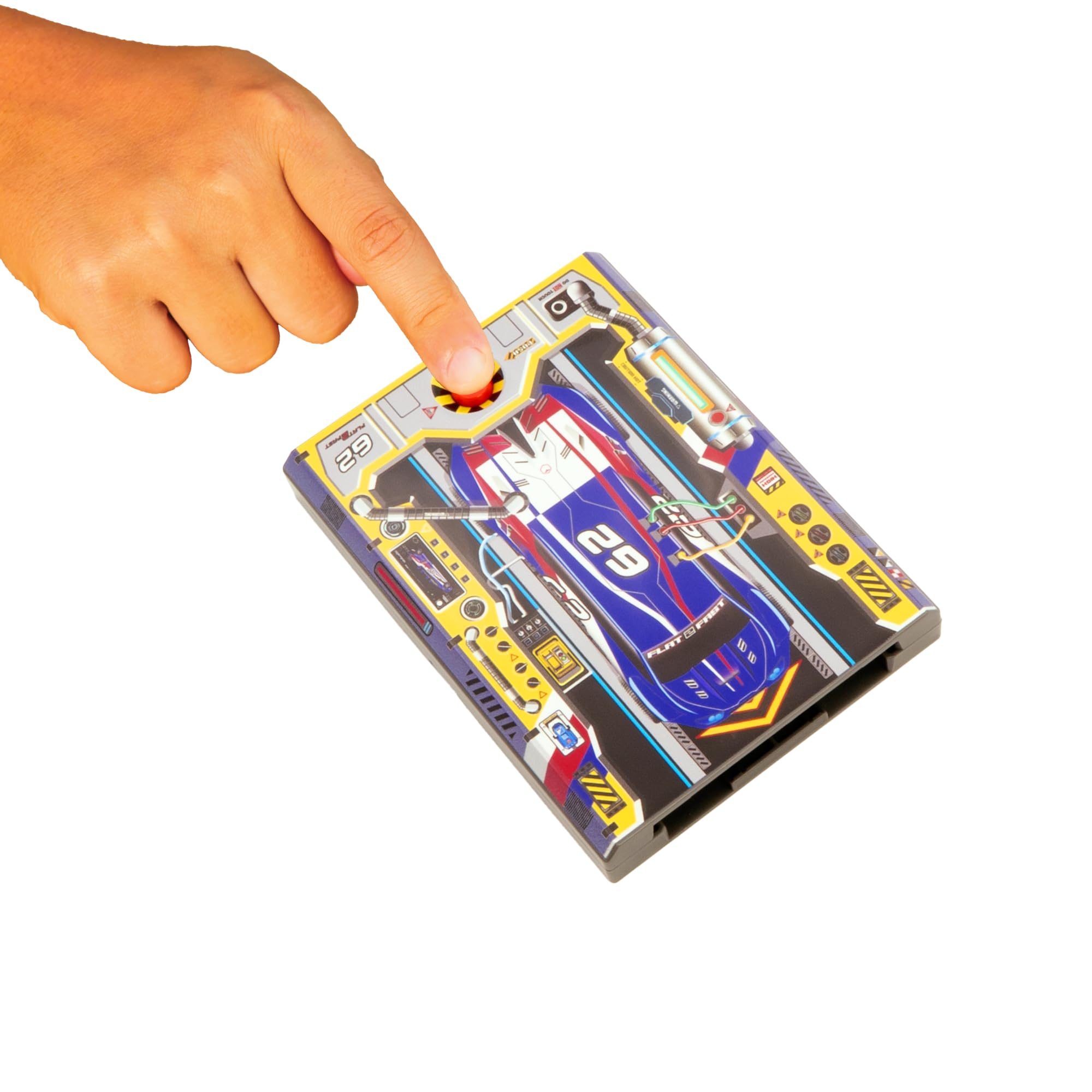 FLAT 2 FAST packaging and compact travel-case ready for on-the-go play.