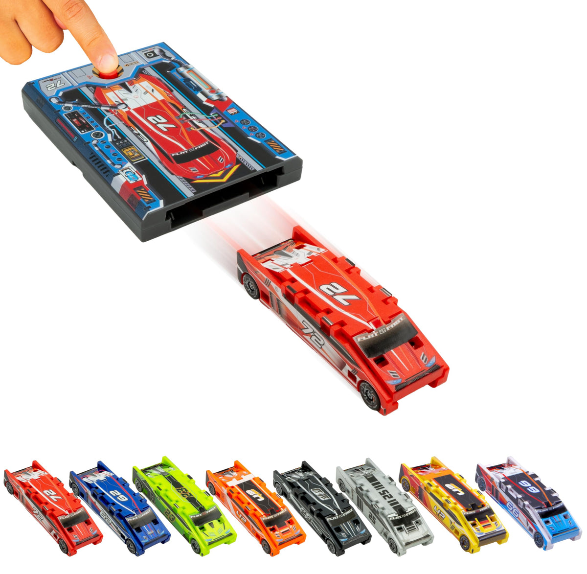 FLAT 2 FAST original stunt card racer, crimson red, front view for bold action.