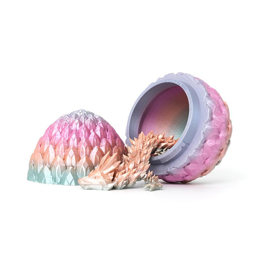 Flavery gemstone egg on desk displays shimmering facets with a dragon inside.