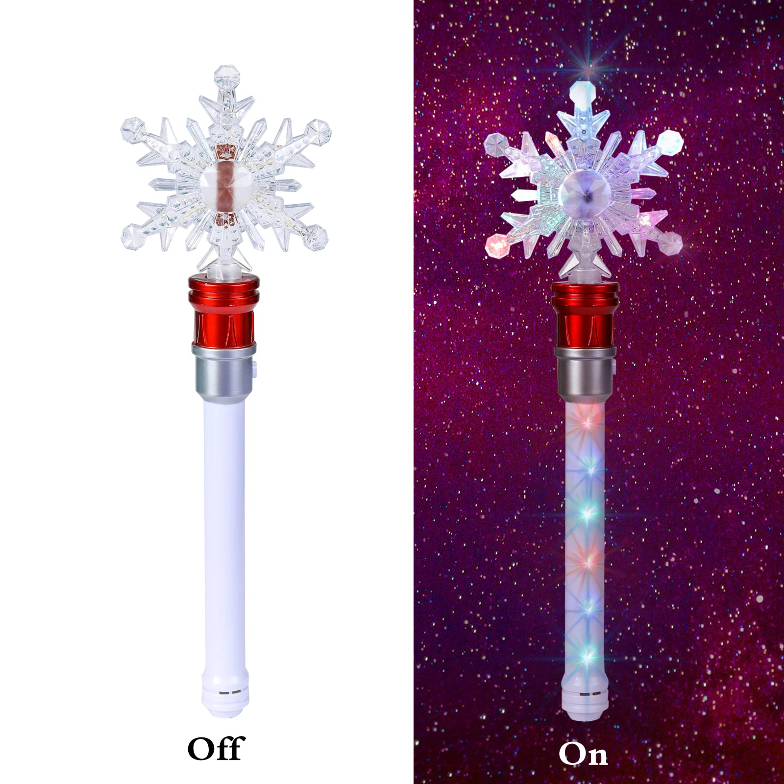 Fleeting Time Snowflake Wand runs on three AA batteries for easy power.