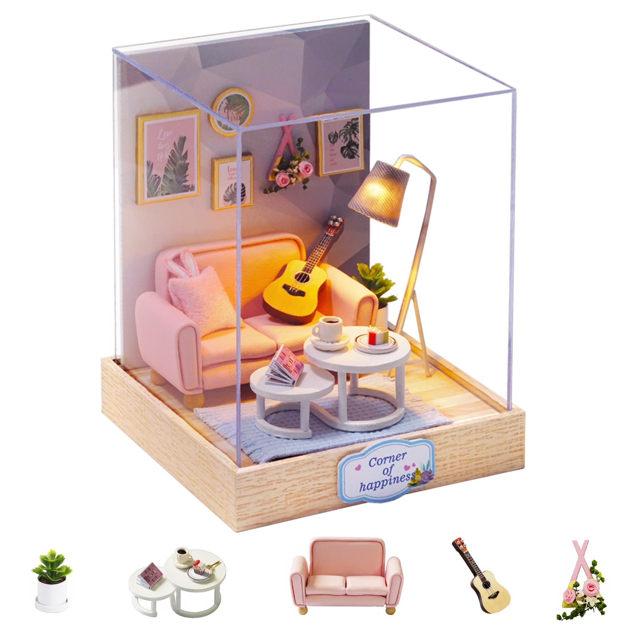 Flever dollhouse kit contents laid out for easy setup.