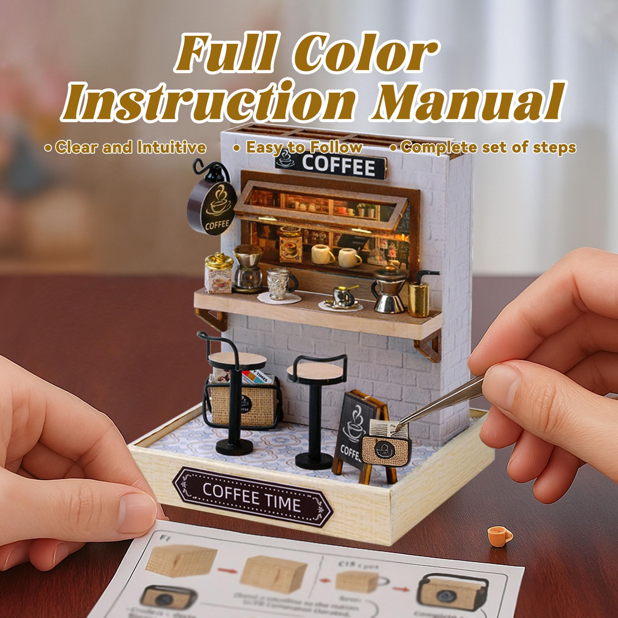 Flever dollhouse Coffee Time kit contents showing MDF pieces and decorations