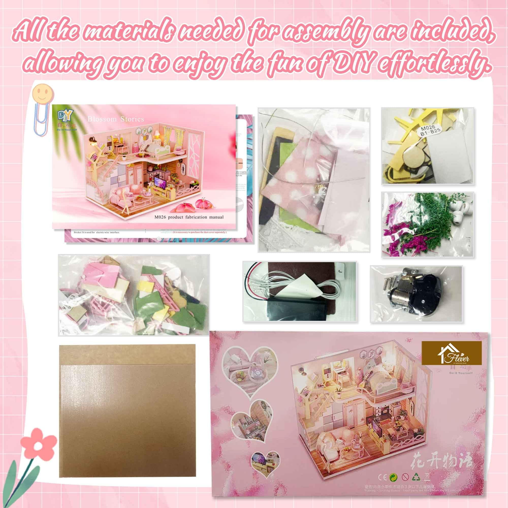 Flever dollhouse kit decor materials with fabrics and prints for cozy rooms.