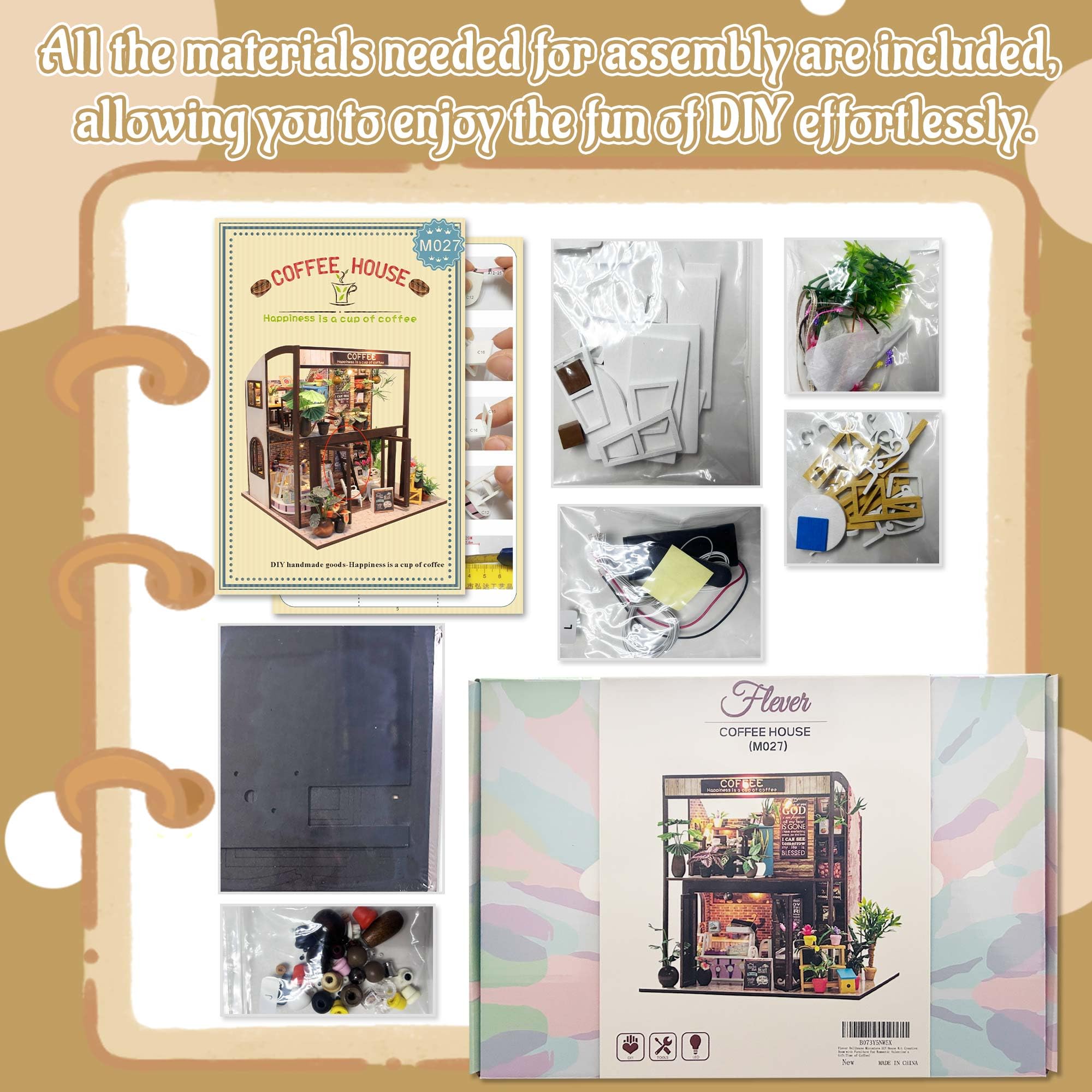 Flever dollhouse furniture pieces laid out for easy assembly