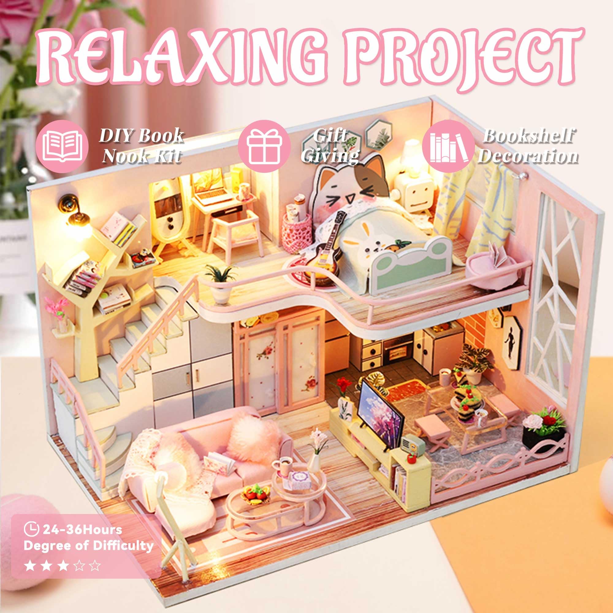 Flever dollhouse kit LED light wires providing gentle illumination.