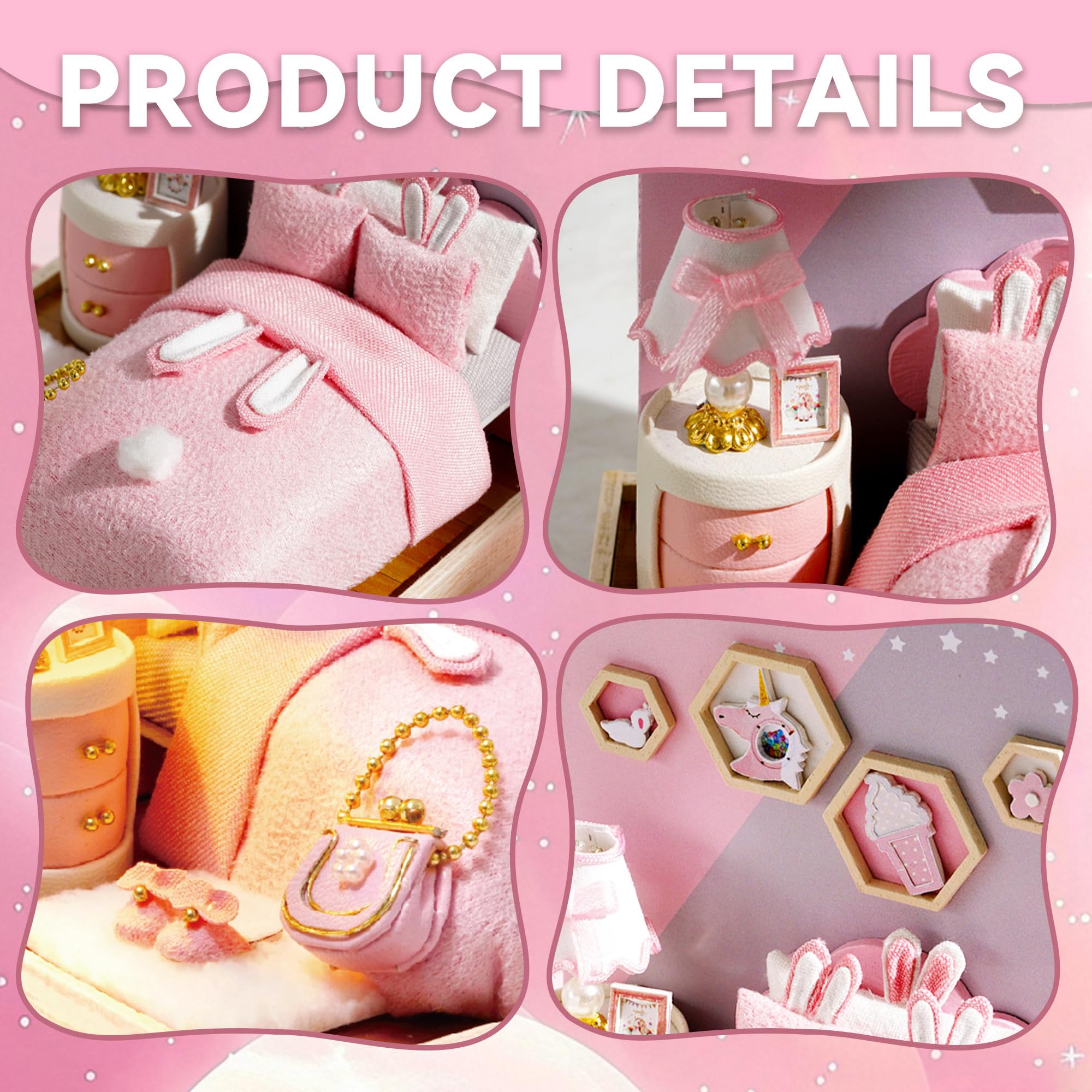 Flever dollhouse dimensions guide indicates compact size for shelf displays.