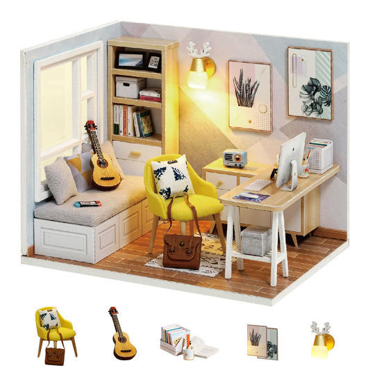 Flever Sunny Study dollhouse assembly scene, a calm, creative crafting activity.