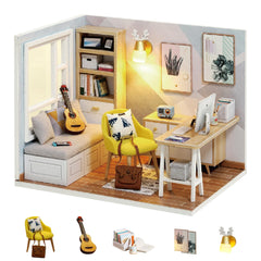 Flever Sunny Study dollhouse assembly scene, a calm, creative crafting activity.