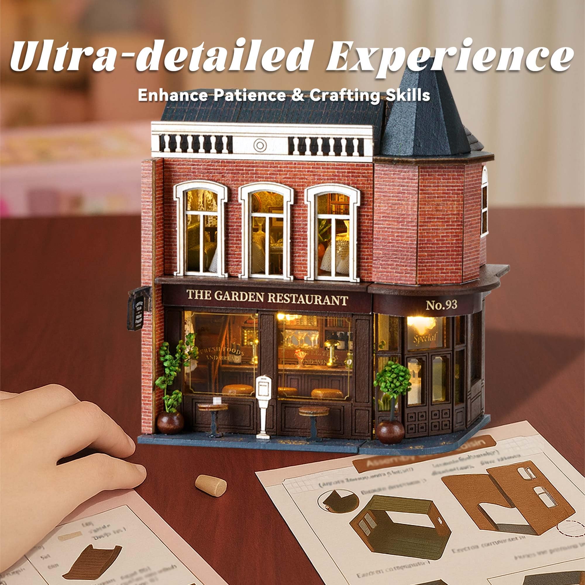 Flever dollhouse toolkit included for precise crafting and assembly.