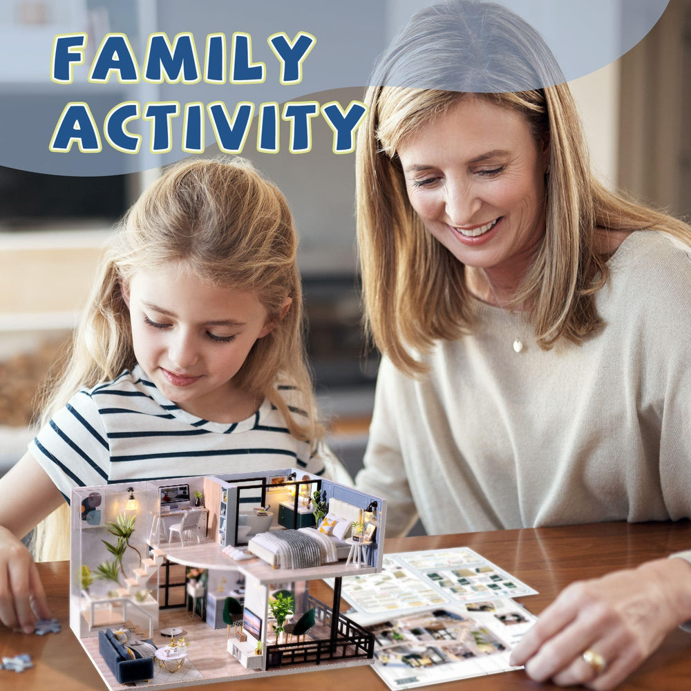 Flever wooden DIY House Kit plexiglass dust cover protects the display.
