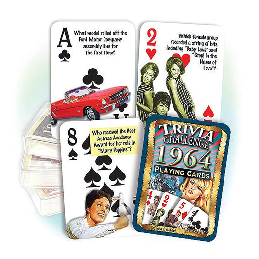 Flickback 1964 trivia playing cards for engaging birthday or anniversary game nights.