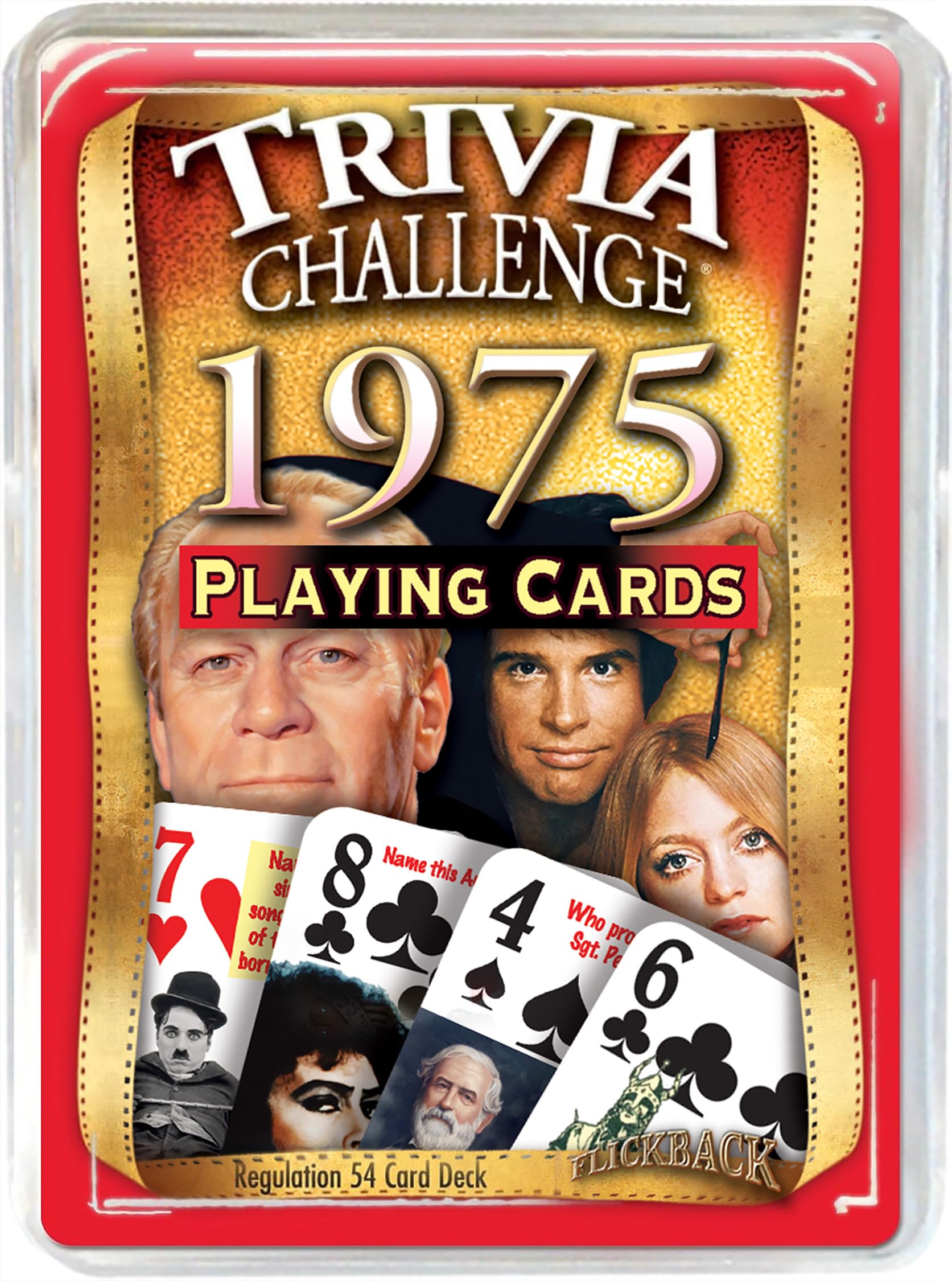 Flickback 1975 deck trivia cards show year-specific questions for a nostalgic birthday game