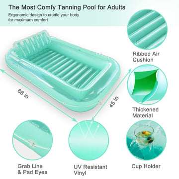 Float Joy Suntan Tub measures 70 by 40 inches when inflated for spacious lounging