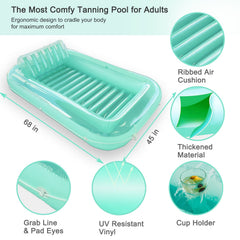 Float Joy Suntan Tub measures 70 by 40 inches when inflated for spacious lounging