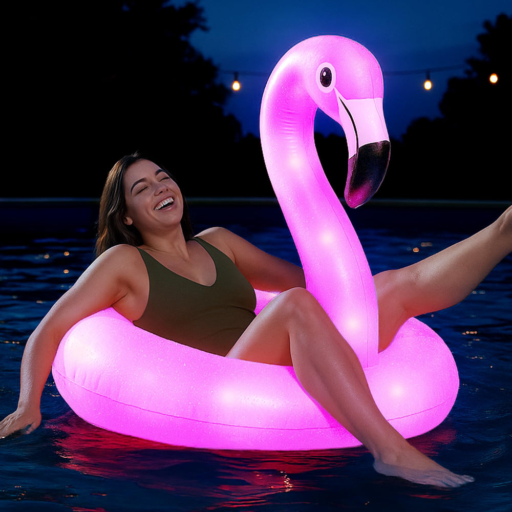 Floatify Flamingo pool float with LED lights for eye-catching pool ambiance.