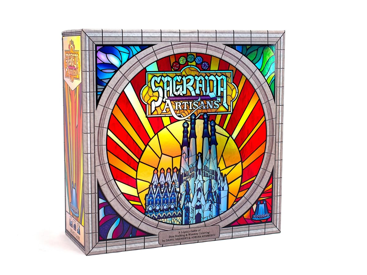 Floodgate Games Sagrada Artisans game box with colorful dice for family strategy play.