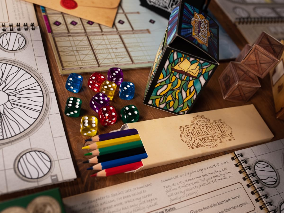 Floodgate Games Sagrada Artisans player pieces on a bright play mat.