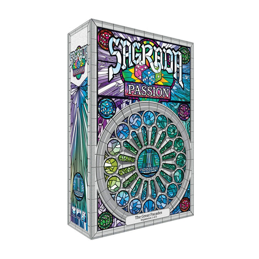 Floodgate Games Sagrada: Passion Expansion box art shows vibrant stained-glass scenes for festive game nights.