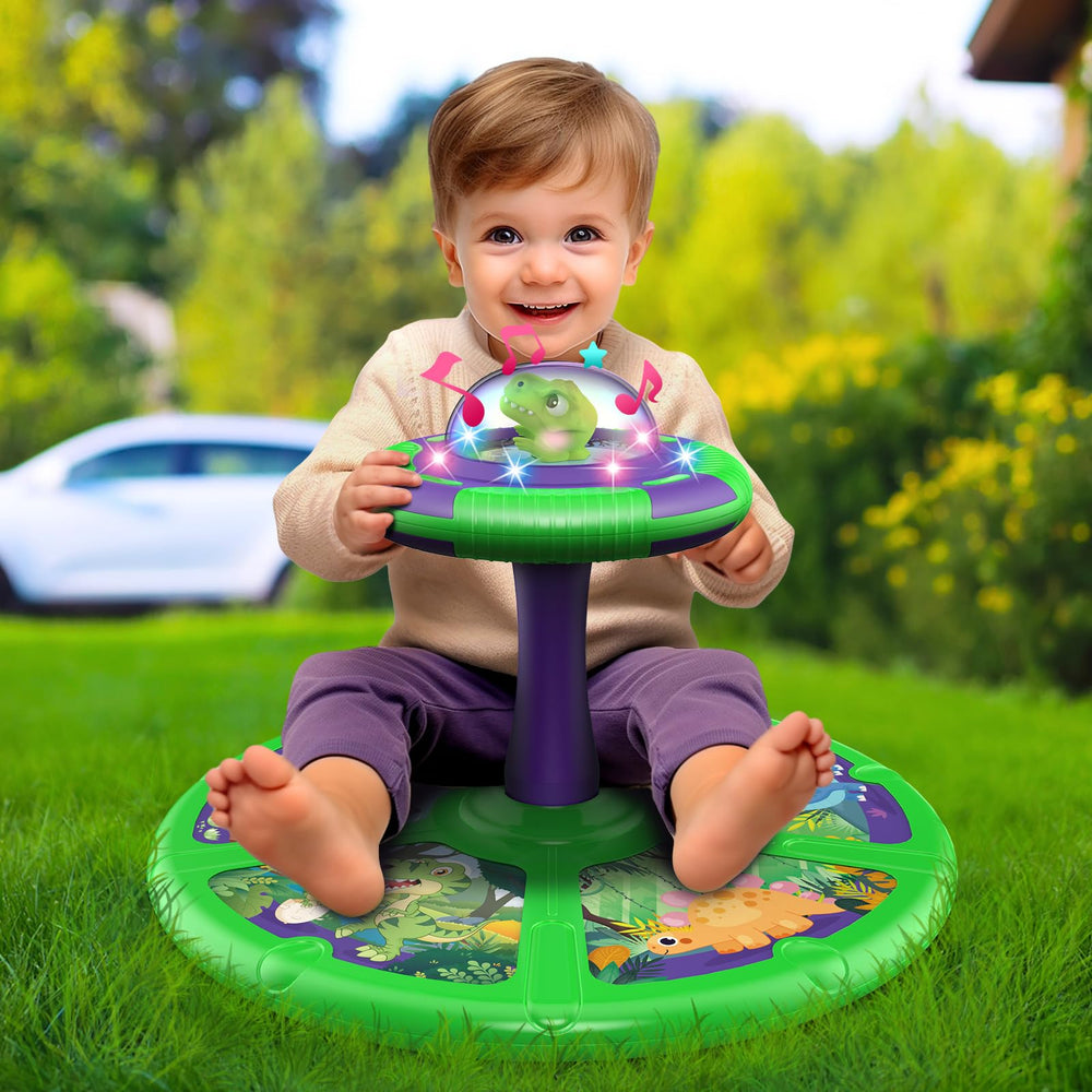 Flooyes dinosaur sit and spin encourages tactile exploration and sensory discovery with music.