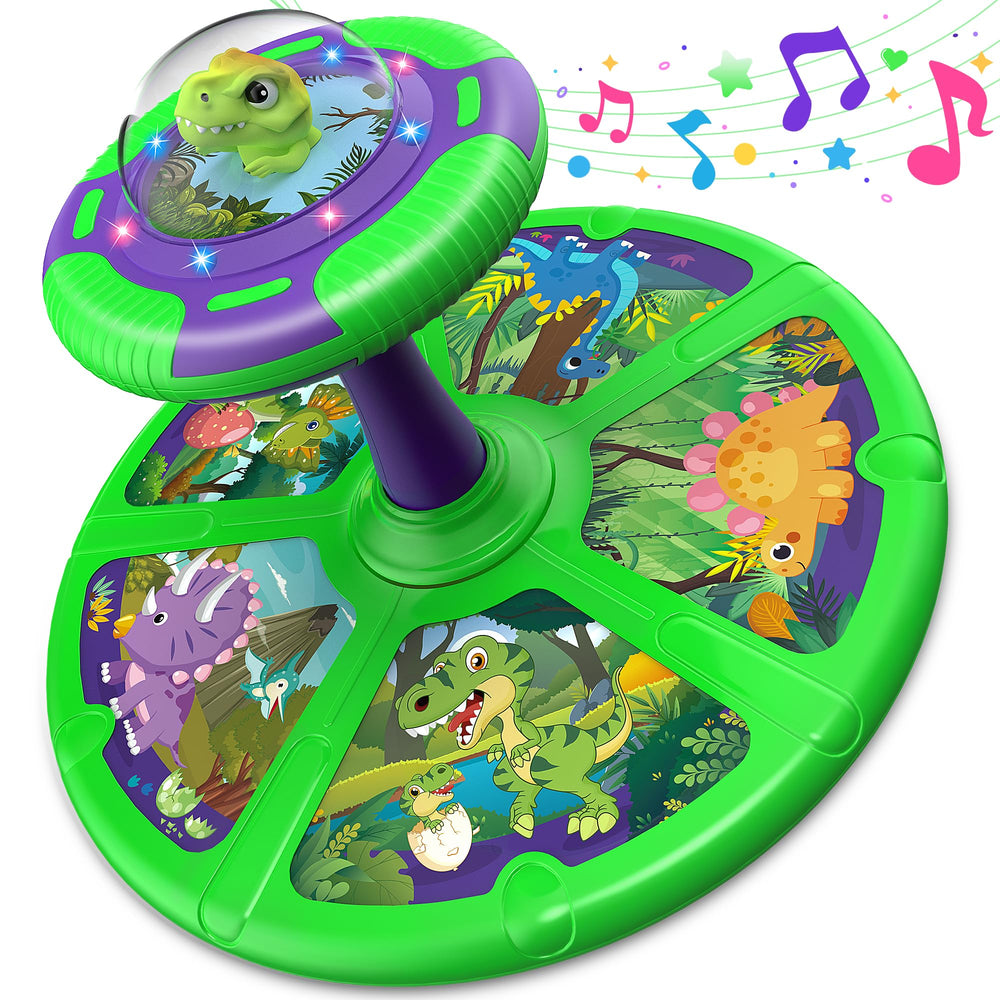 Flooyes dinosaur sit and spin toy with LED lights inspires active play and coordination.