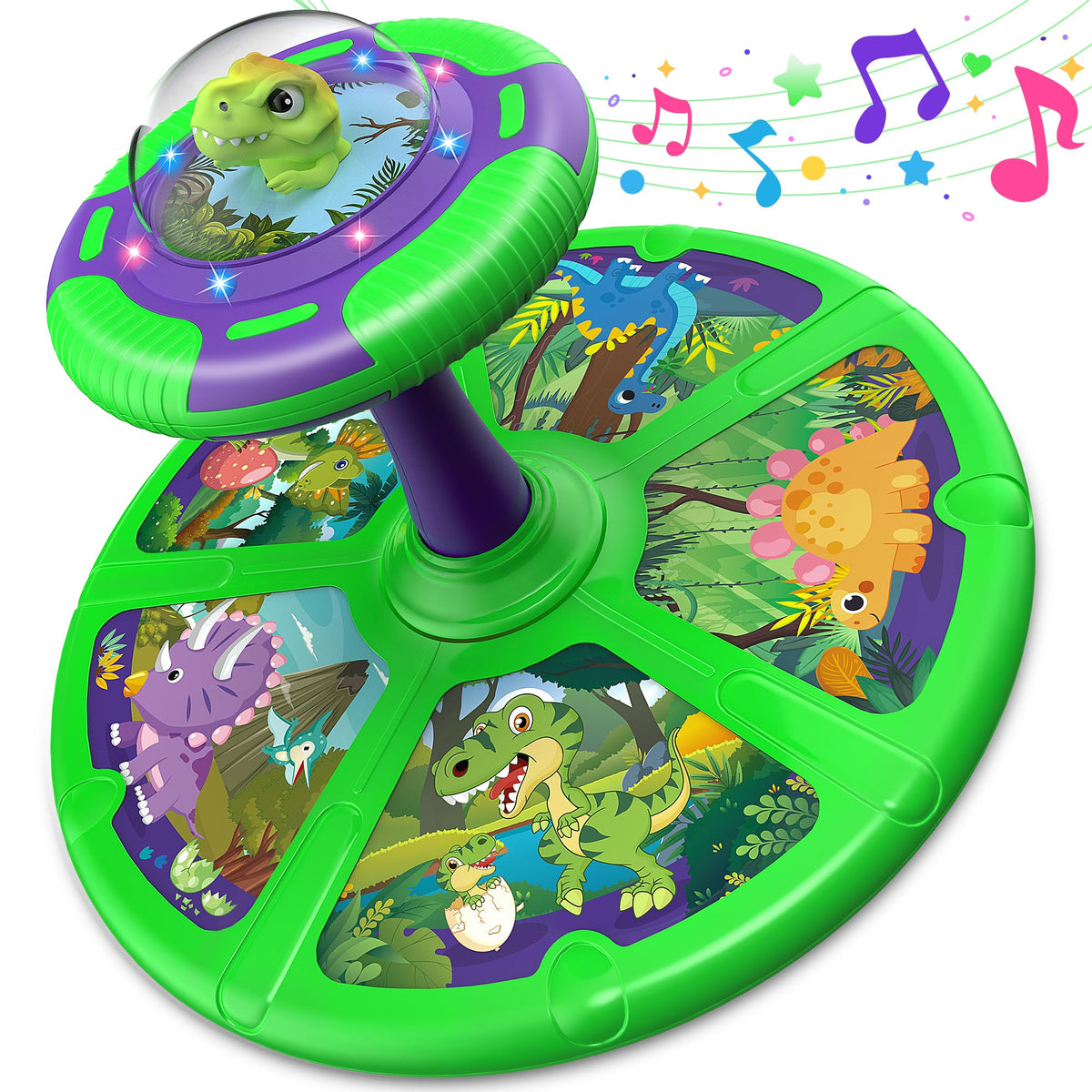 Flooyes dinosaur sit and spin toy with LED lights inspires active play and coordination.
