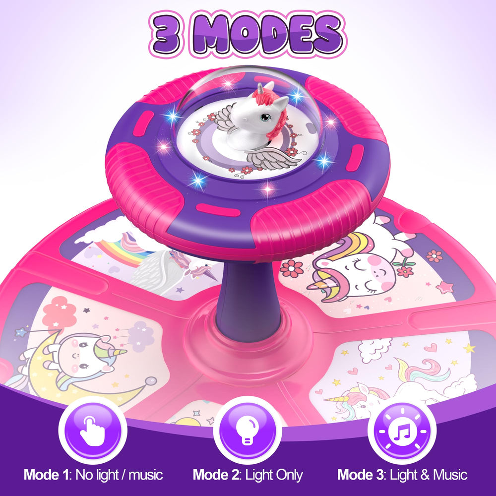 Flooyes unicorn toy spins indoors or outdoors for versatile toddler play