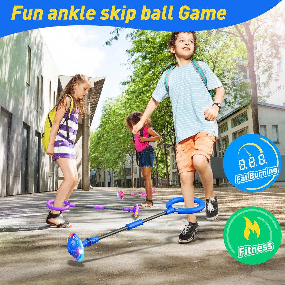 Child skips Flooyes skip ball, following rhythm with one foot.