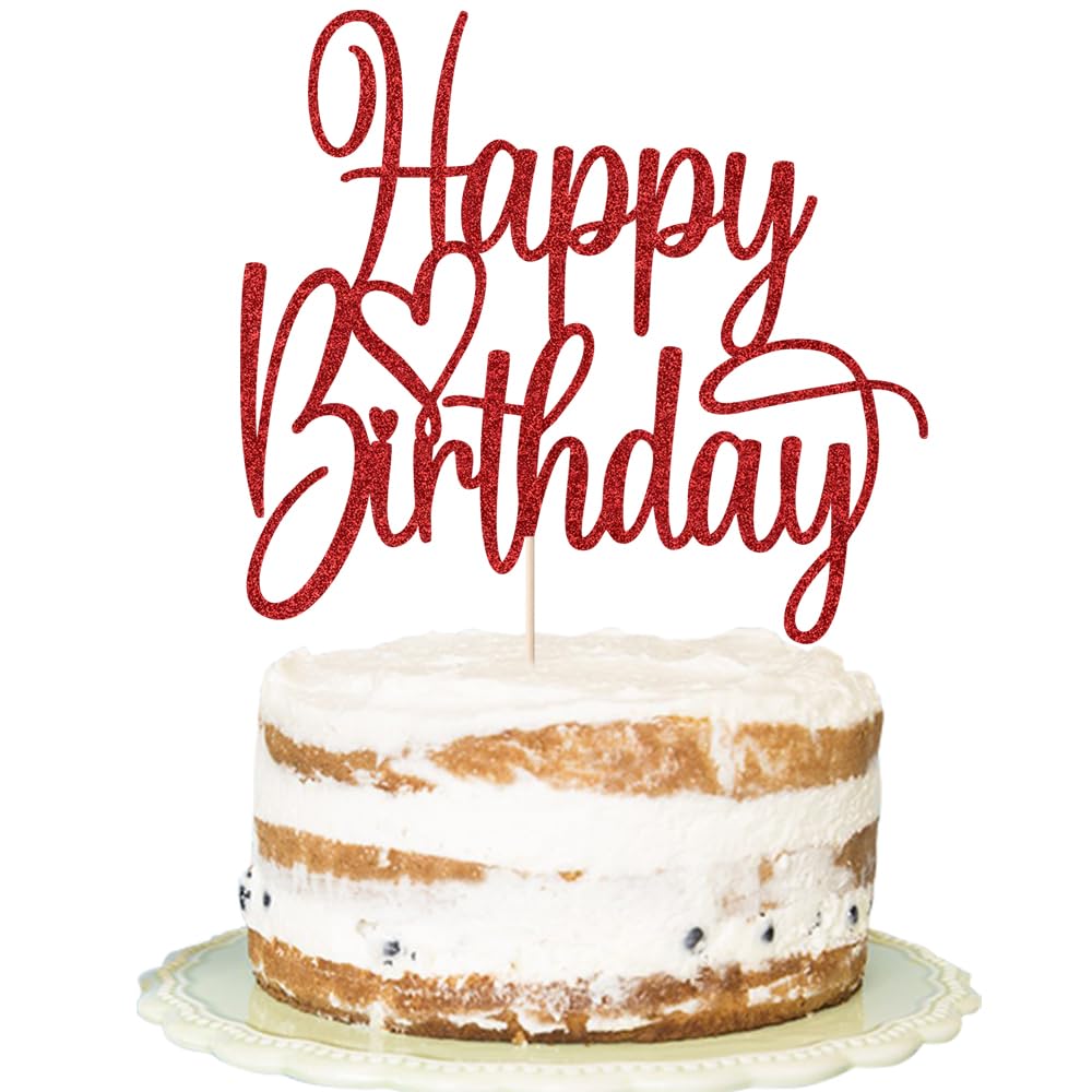 Florcmet Happy Birthday topper red glitter front view for festive cake decoration