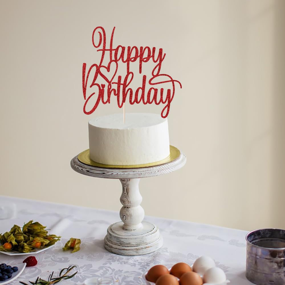 Florcmet red glitter topper seated on cake for a ready-to-display look