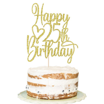 Florcmet gold glitter Happy 25th topper on cake for festive sparkle.